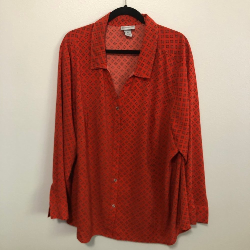 Catherines Red Button-Down Shirt with Subtle Black Diamond Print